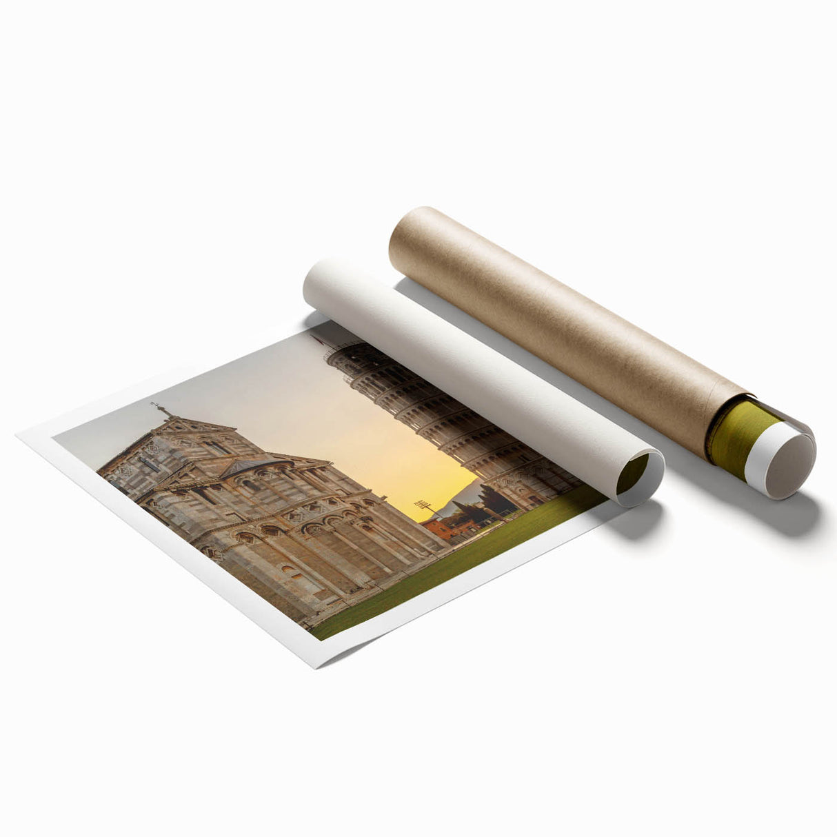 Rolled print of Pisa, Italy, featuring muted earth tones and floral elements.