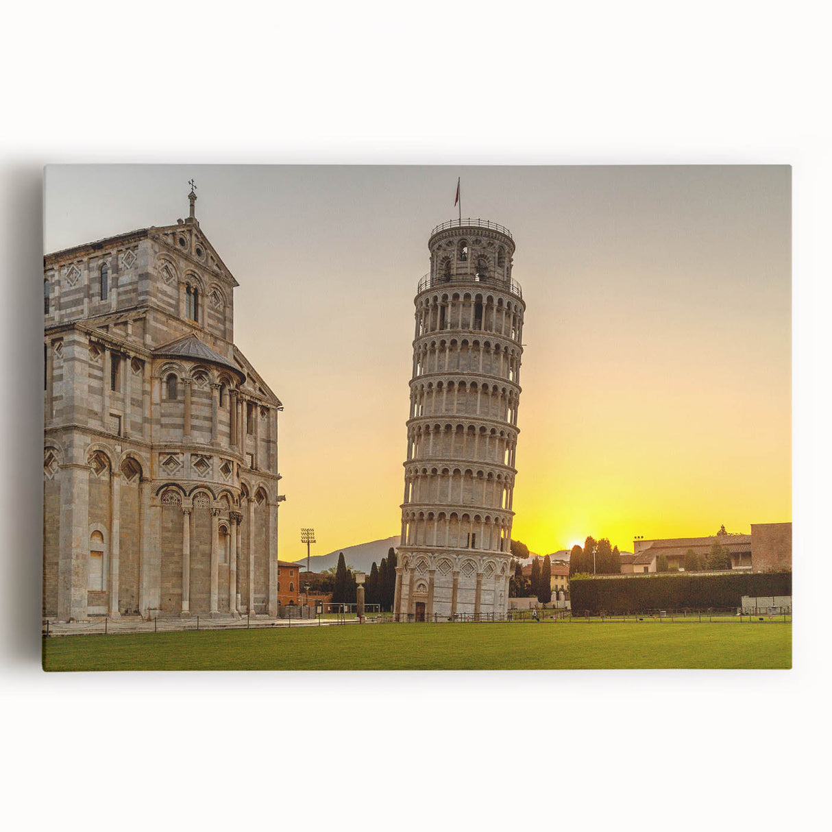 Black and white photographic print of the Leaning Tower of Pisa on stretched canvas.