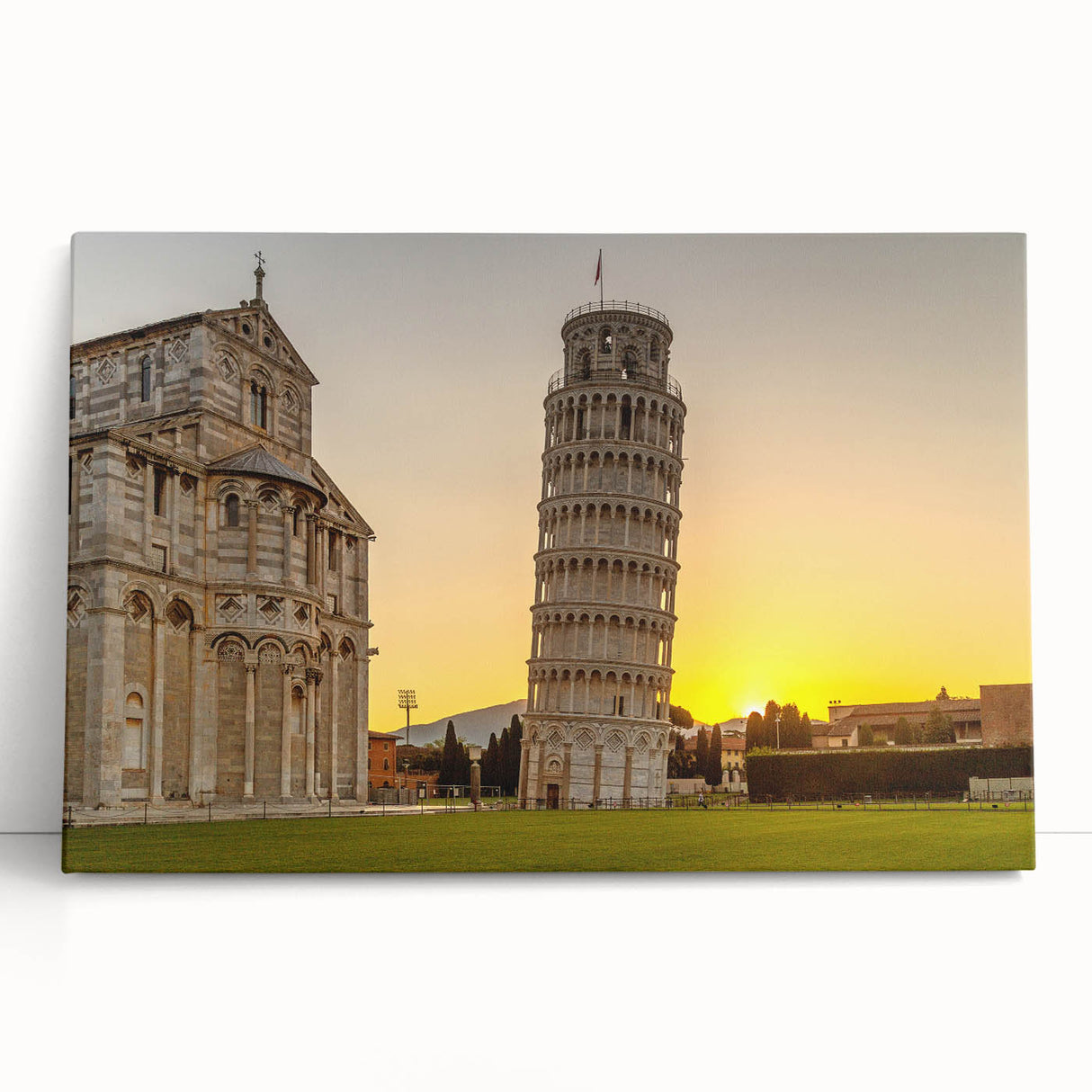 Black and white stretched canvas of the Leaning Tower of Pisa, ideal for kitchen wall art.