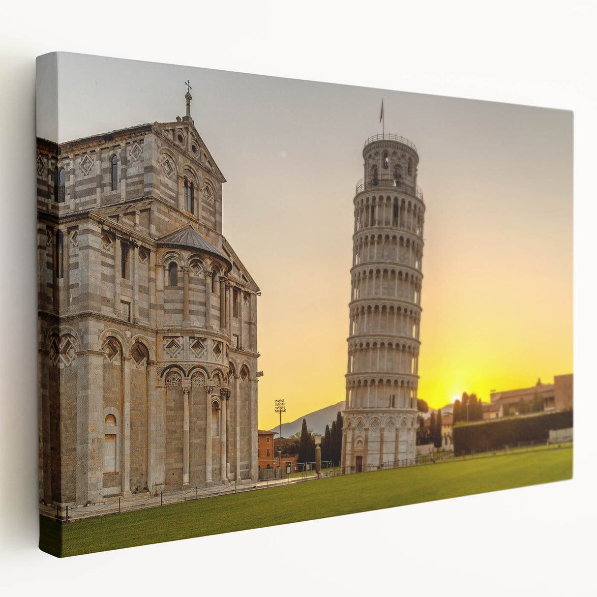 Side view of a stretched canvas depicting the Leaning Tower of Pisa in muted earth tones, suitable for kitchen wall art.