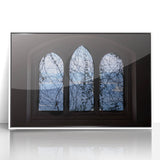 Mid-century modernist art depicting Portofino, Italy, in muted pastel shades on a white framed acrylic.