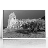 Mid-century modernist art of Rome's skyline in muted pastel shades on a framed acrylic, suited for nursery wall art.