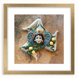 Abstract art print of Sicilian landscape in muted earth tones, framed in gold, suitable for dining room decor.