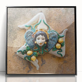 Large abstract wall art depicting a Sicilian landscape in muted earth tones, framed in black acrylic.