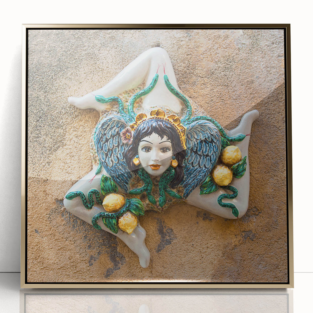 Art deco poster of Sicilian landscape in gold frame, acrylic print, ideal for modern art wall decor.