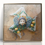 Art deco poster of Sicilian landscape in gold frame, acrylic print, ideal for modern art wall decor.