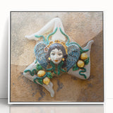 Mid-century modernist art depicting the Sicilian coastline in pastel shades on a framed acrylic print.