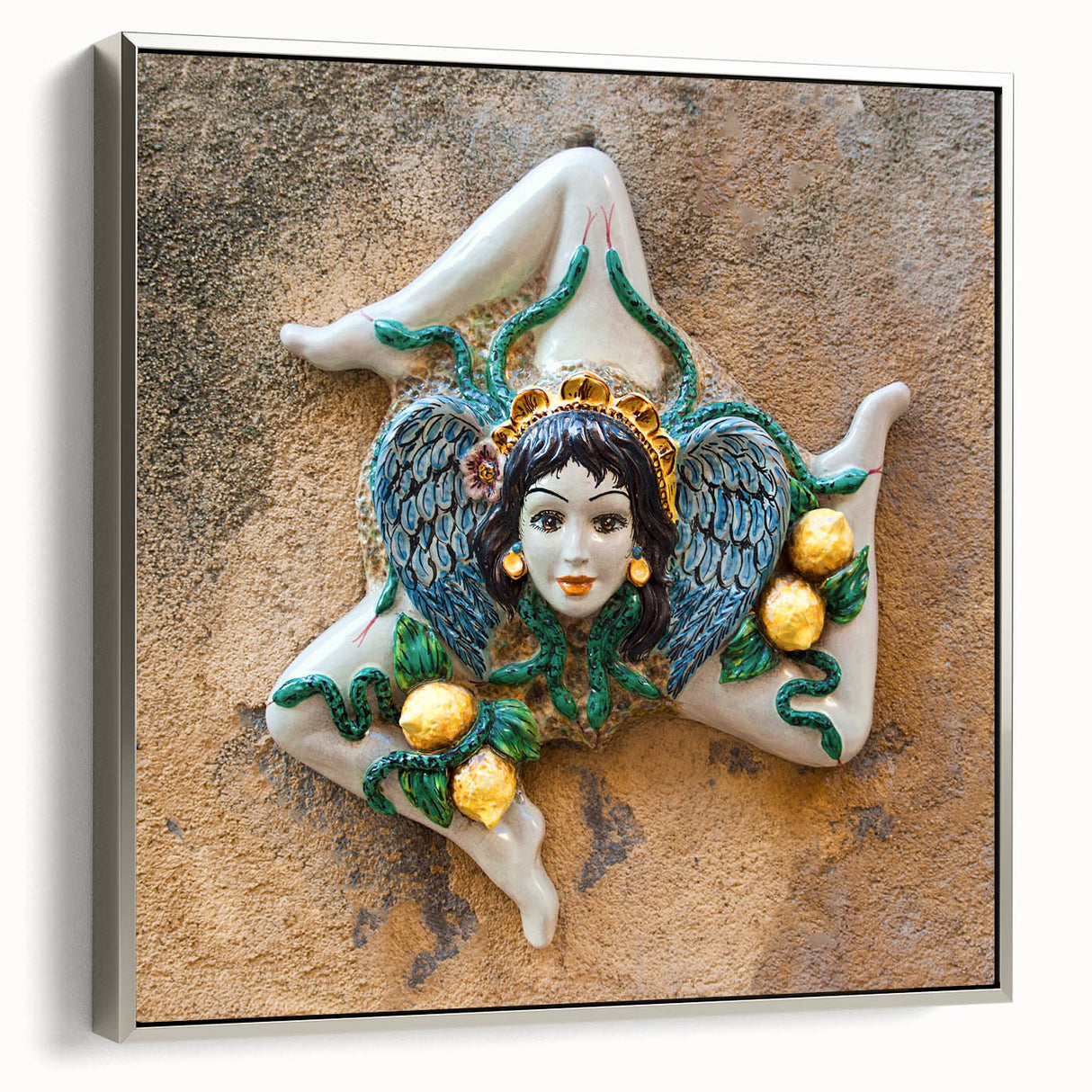 Landscape art painting of Sicilian scenery in vibrant colors on a silver-framed canvas, ideal for living room decor.