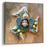 Landscape art painting of Sicilian scenery in vibrant colors on a silver-framed canvas, ideal for living room decor.