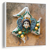 Vintage poster art of Sicilian landscape on framed canvas, featuring vibrant colors, ideal for living room decor.