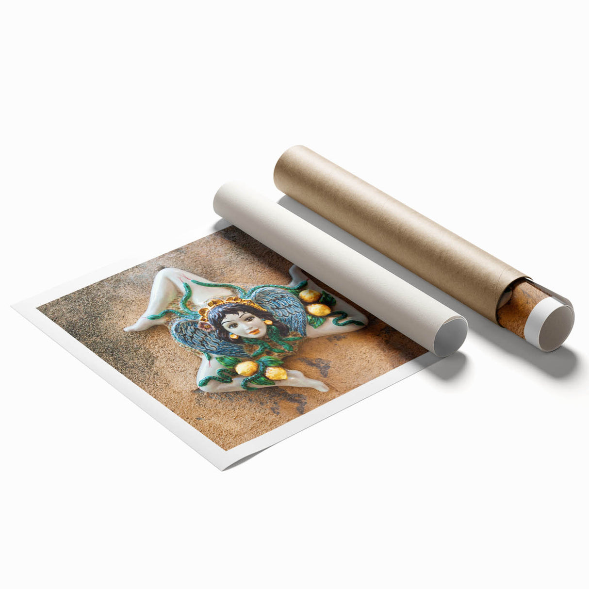 Extra large rolled print of Sicilian landscape with vibrant floral elements, ideal for classy bathroom wall art.