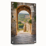 Acrylic print of Tuscan landscape with rolling hills and vibrant green tones, ideal for dining room decor.