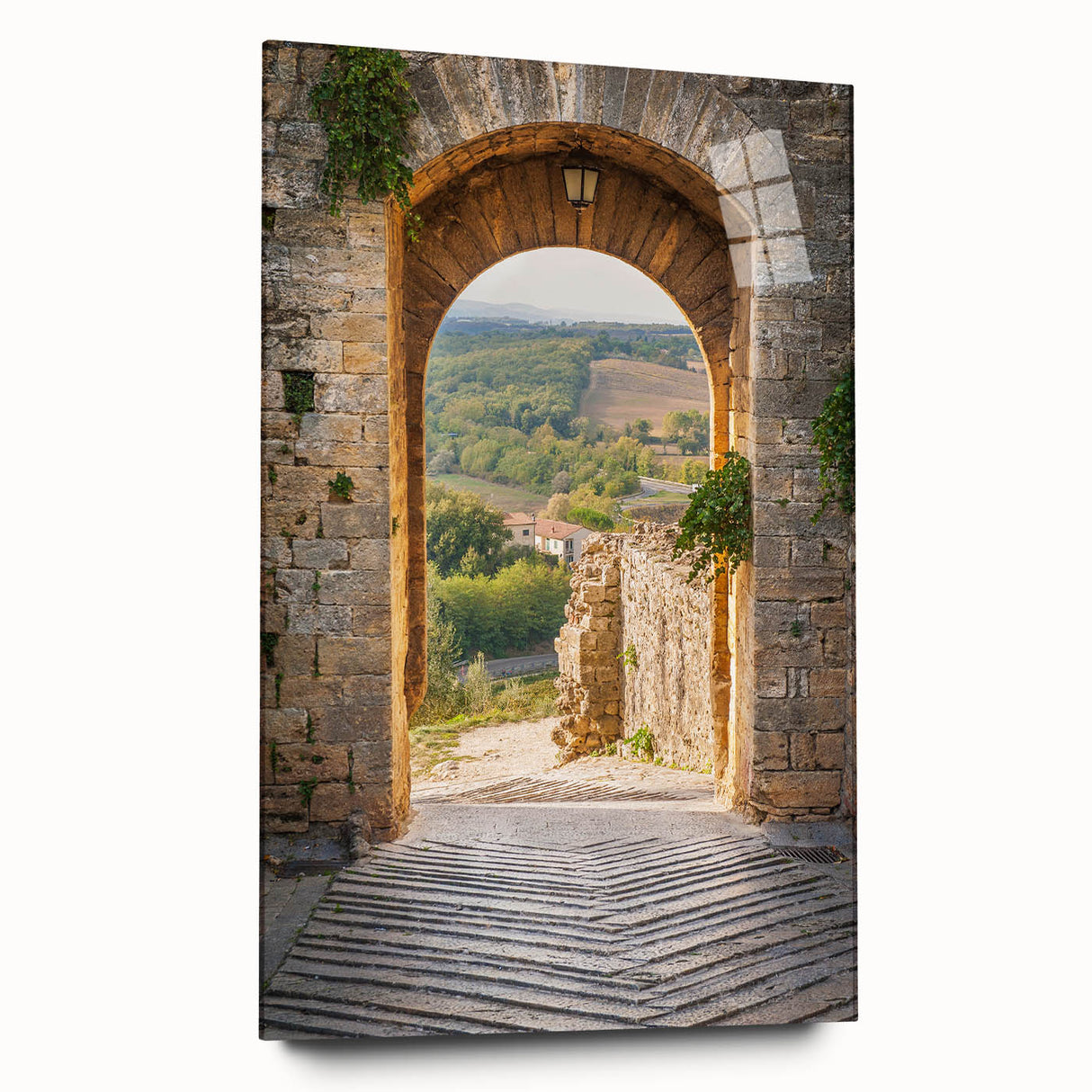 Large abstract wall art of Tuscany landscape on acrylic glass, with muted earth tones.