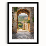 Extra large colorful art of abstract Tuscan landscape in muted earth tones, framed with black mat.
