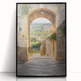 Large abstract wall art depicting the Tuscan landscape in muted earth tones, framed in black acrylic.