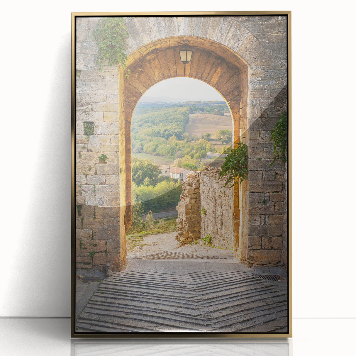 Framed acrylic print of a Tuscan landscape in muted earth tones, ideal for modern art wall decor.