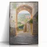 Framed acrylic print depicting the Tuscan landscape in soft earth tones, suitable for modern art wall decor.