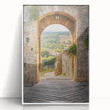 Mid-century modernist art depicting Tuscany landscape on white framed acrylic, with muted earth tones.