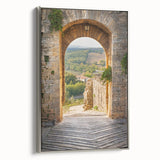 Framed canvas landscape art painting depicting a colorful Tuscan scenery in muted earth tones.