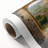 Art deco poster of Tuscany landscape in soft pastel hues on rolled canvas, ideal for nursery wall art or dining room decor.