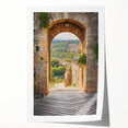 Rolled print of Tuscany landscape with vibrant green fields and blue skies, ideal for art wall dining room.