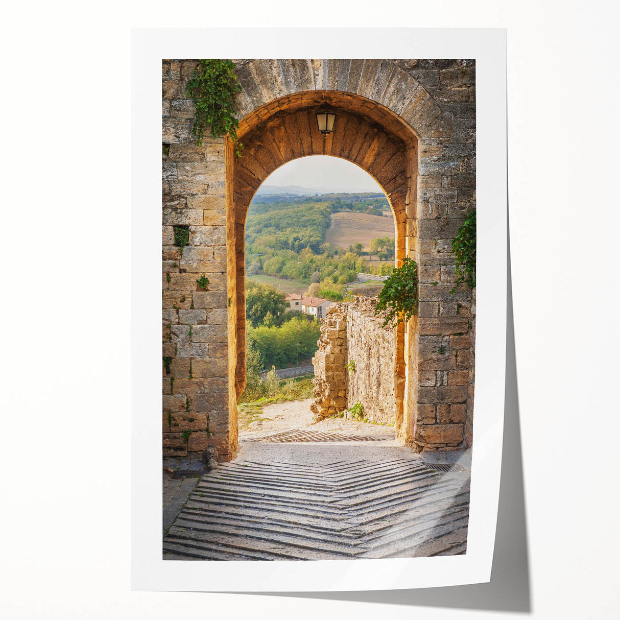Rolled print of Tuscany landscape with vibrant green fields and blue skies, ideal for art wall dining room.