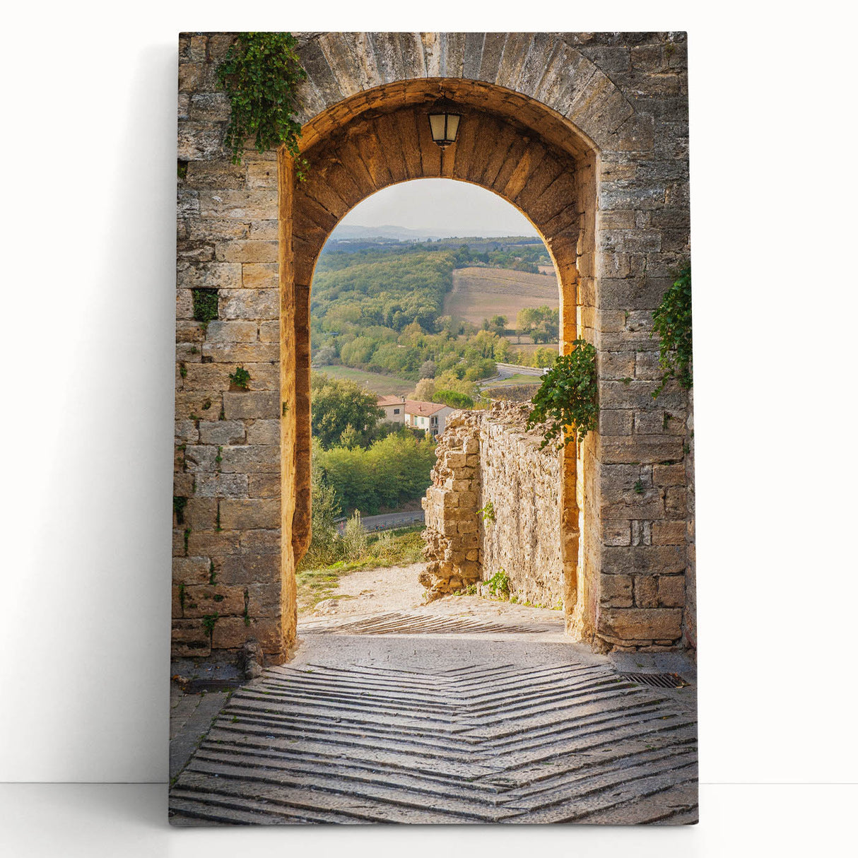 Black and white photograph of Tuscany landscape on stretched canvas, ideal for kitchen wall art.