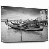 Acrylic print of Venice scenery with gondolas in vibrant blue and orange tones, ideal for dining room art.