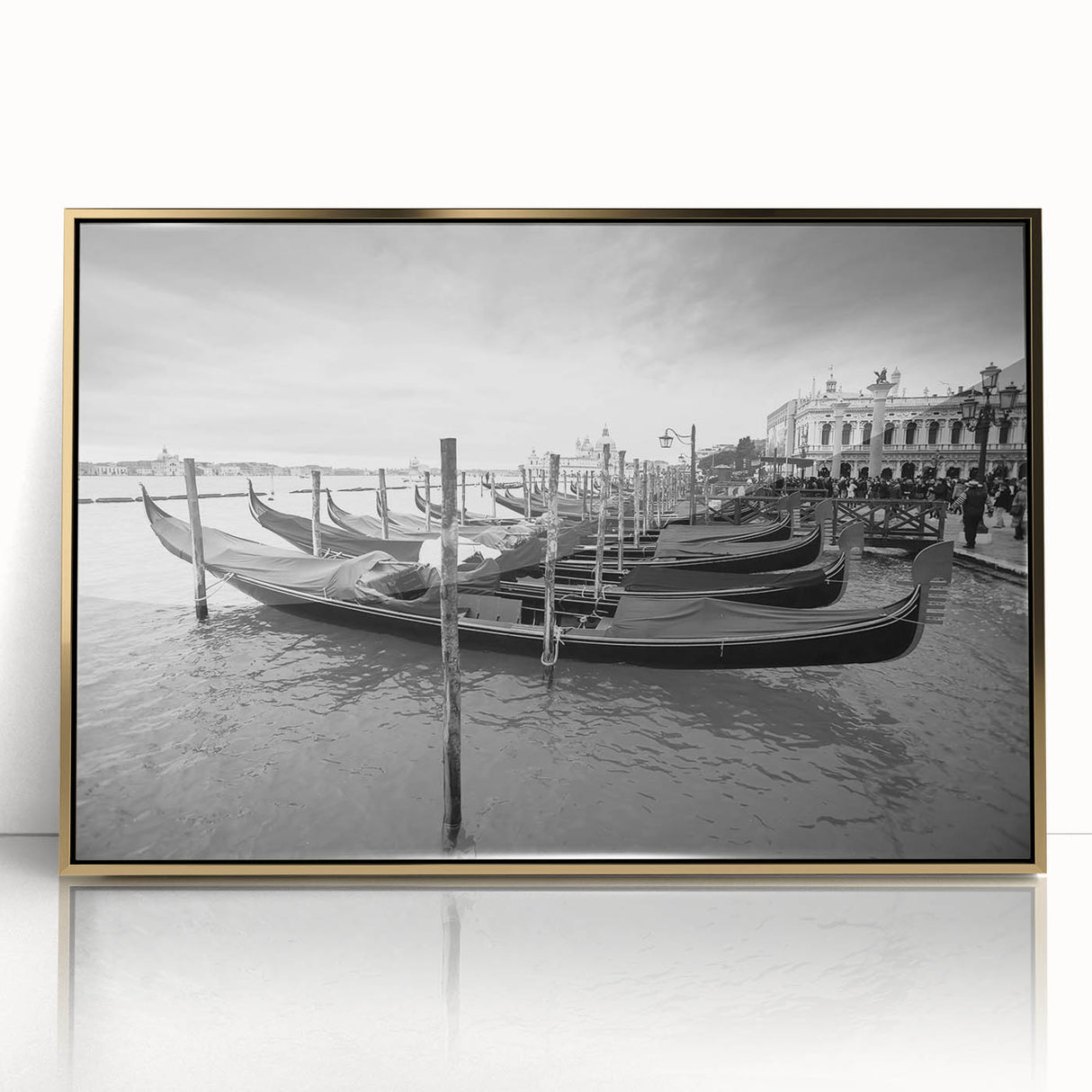 Art deco poster of Venice scenery in gold frame, acrylic print, ideal for modern art wall decor in living spaces.