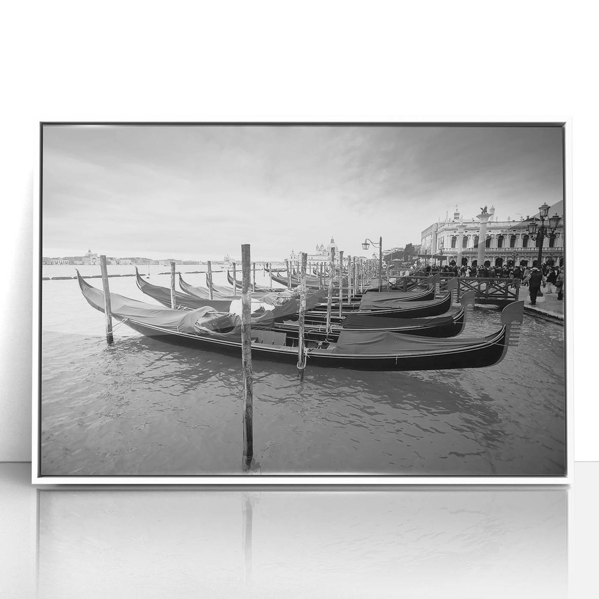 Mid-century modernist art depicting Venice scenery with muted blue and white tones on a framed acrylic print.