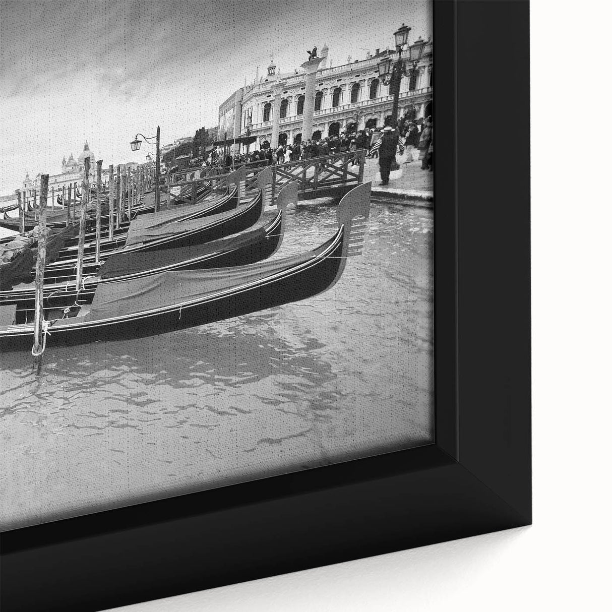 Extra large framed canvas of a black textured Venice scenery with vibrant color accents, ideal for living room decor.