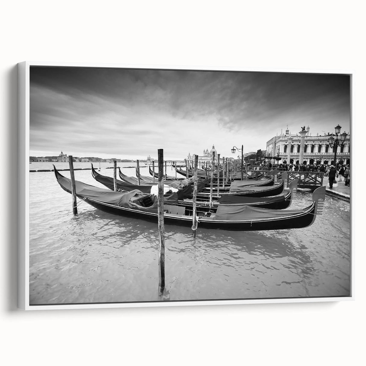 Vintage poster art of Venice with colorful imagery on a white framed canvas, ideal for living room decor.