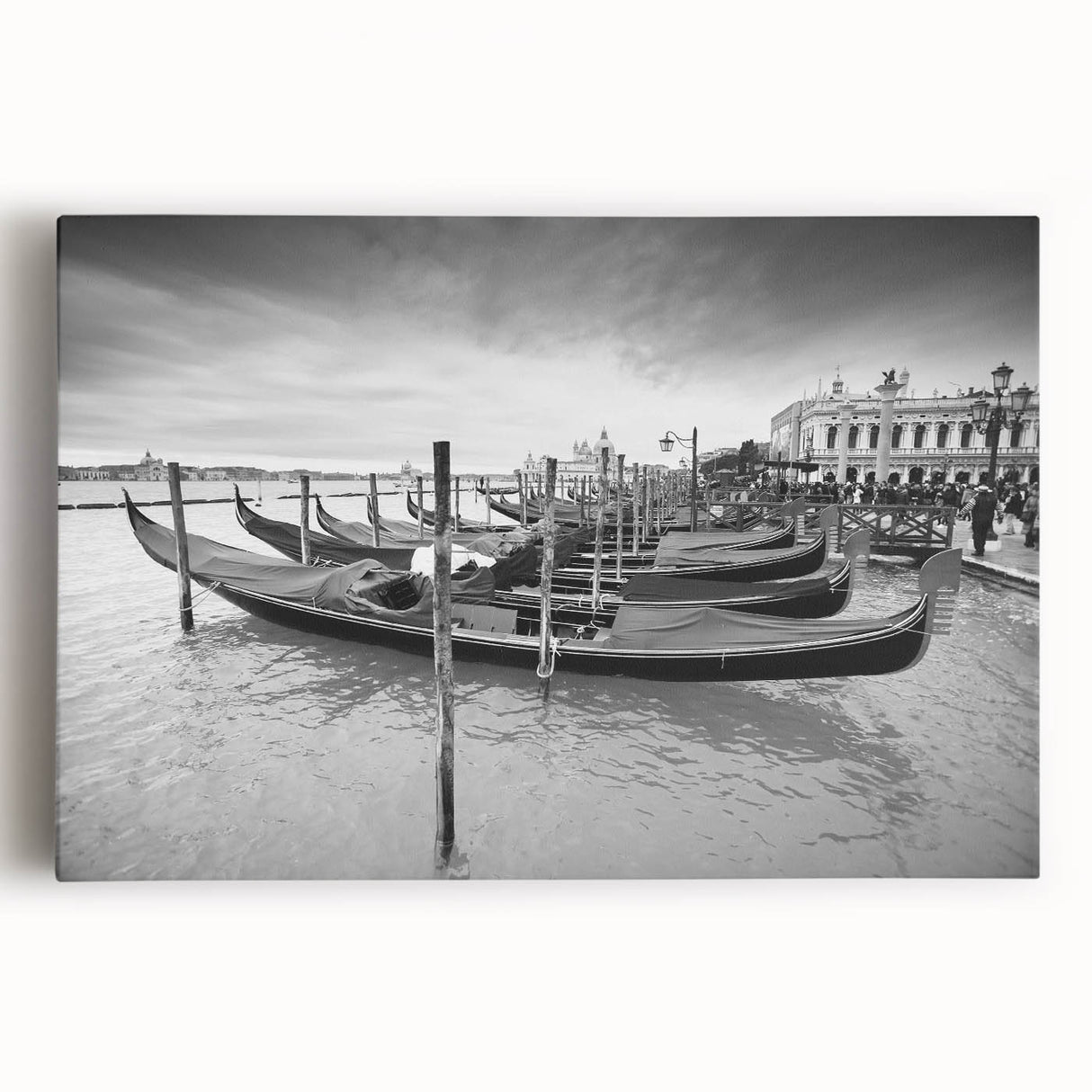 Black and white image of Venice canals on large stretched canvas, ideal for kitchen wall art or bedroom.