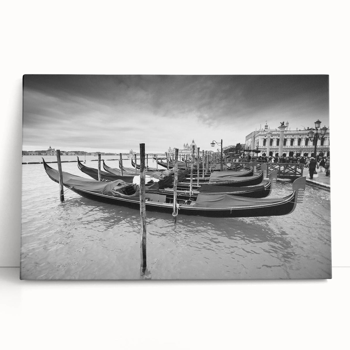 Black and white stretched canvas of Venice scenery, ideal for kitchen wall art.