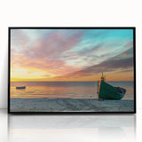 Large abstract wall art of a European cityscape in muted gray and blue tones, framed in black acrylic.