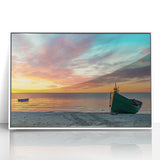 Mid-century modernist art depicting a European landscape in pastel shades on a framed acrylic, ideal for nursery wall art.