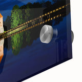 Large abstract wall art of a Lithuanian landscape in muted blues and greens on acrylic glass.