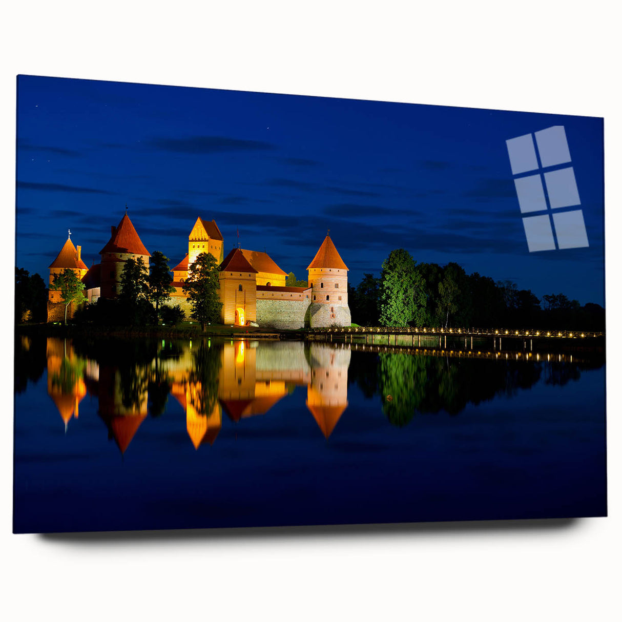 Large abstract wall art of a Lithuanian landscape in muted greens and blues on acrylic glass.