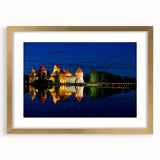 Abstract art print of a European scenery in muted earth tones, framed in gold, ideal for dining room decor.