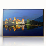 Art deco poster of a scenic European landscape in Lithuania, with muted gold and green tones on framed acrylic.