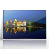 Mid-century modernist art depicting a serene Lithuanian landscape in soft pastel colors, framed acrylic print.