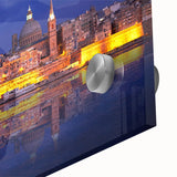 Mid-century modernist art depicting a large abstract Malta scenery in muted earth tones on acrylic glass.