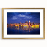 Abstract art print of European Malta scenery in gold frame with mat, featuring muted earth tones.