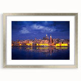 Extra large abstract art print of a European scenery in Malta, with textured silver frame, ideal for living room decor.