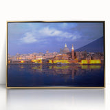 Art deco poster of Malta scenery in muted gold and blue tones, acrylic print framed, ideal for modern art wall decor.