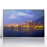 Mid-century modernist art depicting a European Malta scenery in muted colors on a framed acrylic, ideal for nursery wall art.