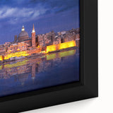 Framed canvas depicting a textured, black and colorful Malta scenery, ideal for extra large living room wall art.