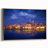Framed canvas of a vintage Malta landscape in black with gold accents, suitable for bedroom wall art.