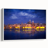 Vintage poster art of a scenic Malta view, featuring colorful art on a white framed canvas, ideal for living room decor.