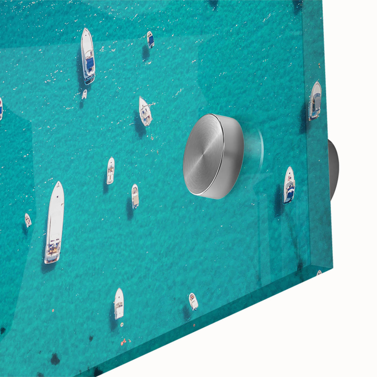 Large abstract wall art depicting the Mediterranean Sea in vibrant blue and turquoise tones on acrylic glass.